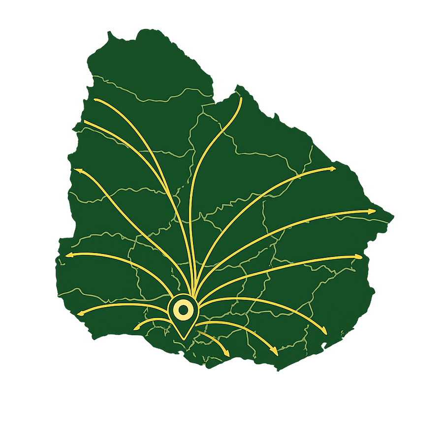 Mapa de Uruguay con cobertura nacional de Calmisol en los 19 departamentos
